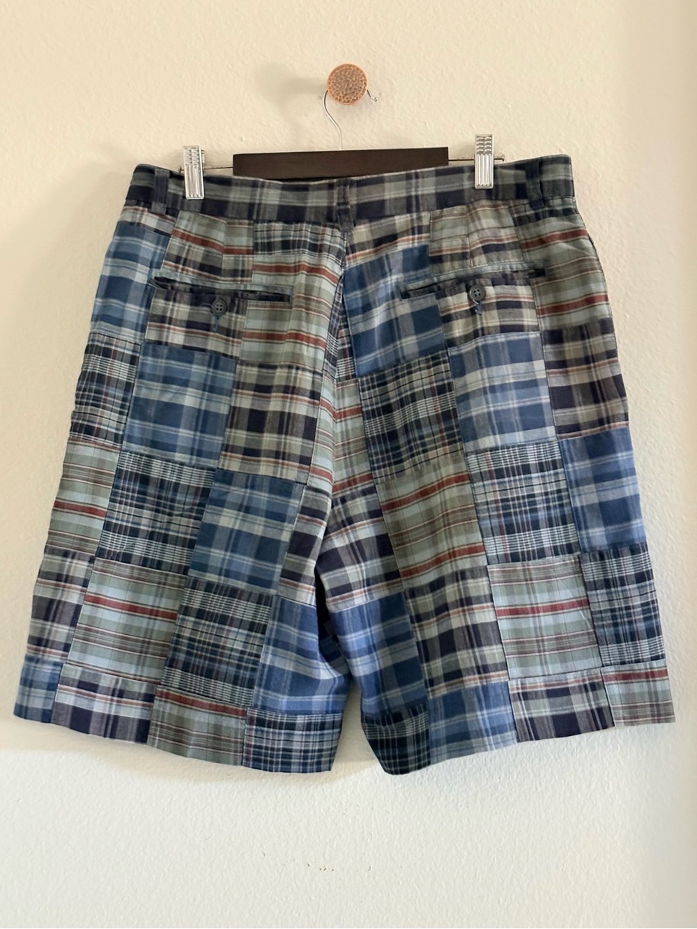 J.Crew Patchwork Madras Blue Plaid Field Flat Front 100% CottonShorts | Size 33 - Picture 3 of 4